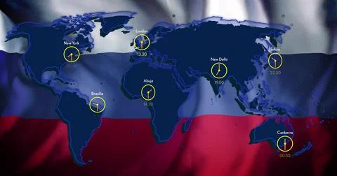 Displaying dark-blue map centered over Russian flag, showing yellow-clock icons Ilustração Stock