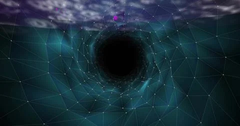 Displaying dark central void opening in 3D mesh tunnel, with polygonal lines  Stock Photos