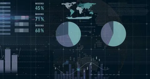 Displaying dark dashboard in UI, showing world map, pie charts, bar charts and Ilustración de archivo