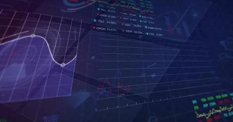 Displaying dark dashboard on virtual interface, showing purple grid chart and Stock Illustration