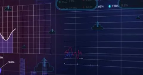 Displaying dark data dashboard showing grid with white line, bars, red-blue Stock Photos