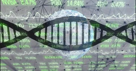 Displaying dark DNA helix spanning globe in data dashboard, with green tickers Stock Photos