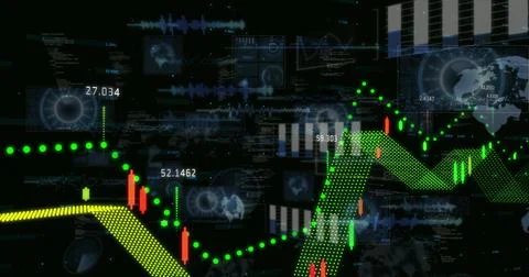 Displaying dark financial dashboard showing candlestick bars, green trend line, Stock Illustration
