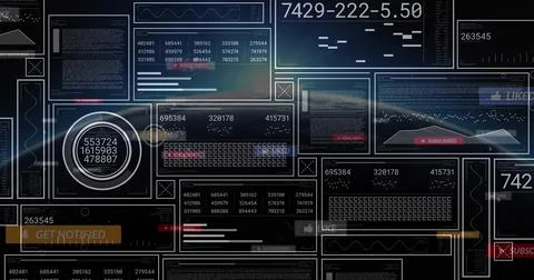 Displaying dark futuristic data dashboard filling virtual HUD, with circular Illustrazione stock