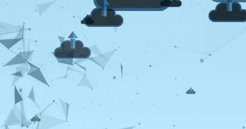 Displaying dark-gray cloud icon showing blue up arrow in blue tech space, left Stock Photos