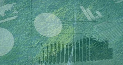 Displaying dark green bar chart over aerial forest canopy, with grid lines and Foto stock