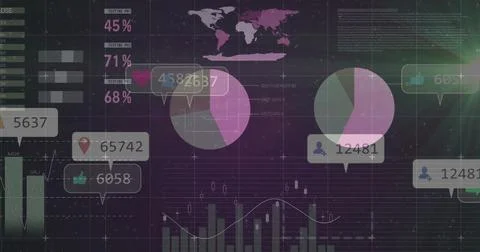Displaying dark purple analytics dashboard on screen with pie charts, bar Stock Photos
