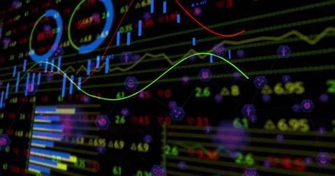 Displaying dark trading dashboard showing colored line charts, blue Stock Illustration