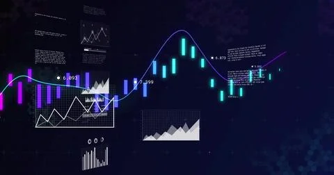 Displaying dark trading platform tracking blue and purple trend line over teal 스톡 일러스트