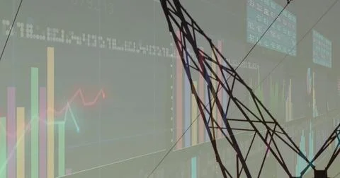 Displaying dark wireframe lattice overlapping bar charts in dashboard, with line Foto stock