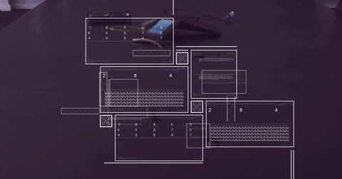 Displaying dark workstation desk featuring smartphone, loose cable connector, Stock Illustration