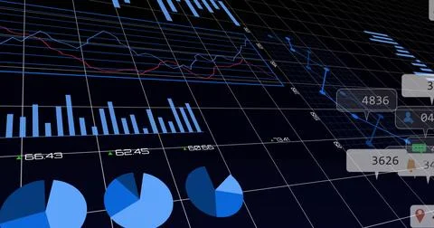 Displaying dashboard on 3D grid lines, with bar and pie charts, annotating line Stock Photos