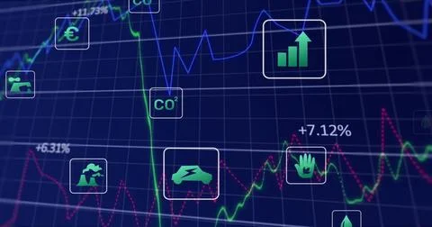 Displaying dashboard analytics on dark blue screen, showing colored line char Stock Illustration