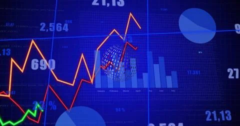 Displaying dashboard on blue grid, showing orange red lines, monthly bars, bi Stock Illustration