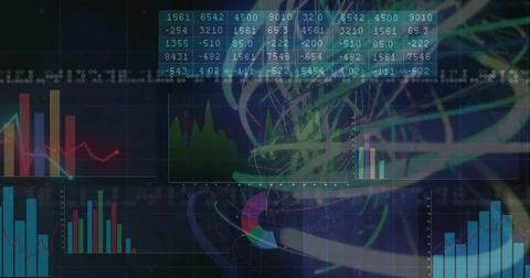 Displaying dashboard centered on dark canvas, with bar line area charts, numeric Illustrazione stock