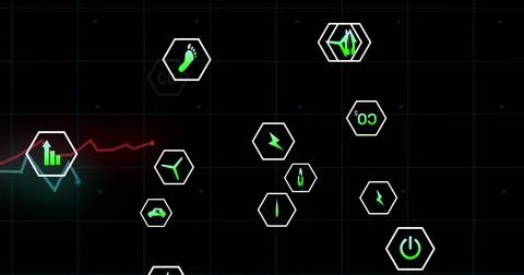 Displaying dashboard cluster on dark grid with hexagonal frames, neon energy Stock Illustration
