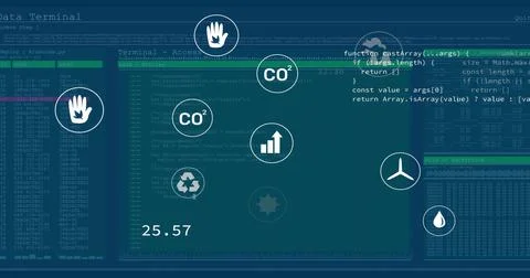 Displaying dashboard with code panels, encryption logs and environmental icons Stock Illustration