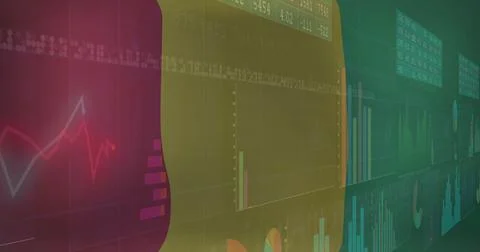Displaying dashboard on computer screen, with line chart, bar graphs, pie Illustrazione stock