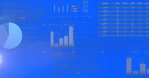 Displaying dashboard on computer UI, showing pie chart, bar line graphs, dot Stock Photos