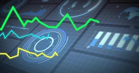 Displaying dashboard in control interface, with three neon line graphs, circular 스톡 일러스트