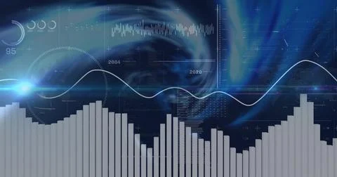 Displaying dashboard in control panel, with line graph, bars, gauges, waveforms Stock Illustration
