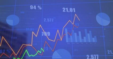 Displaying dashboard at control room screen with line graphs, bar chart, pie Stock Illustration