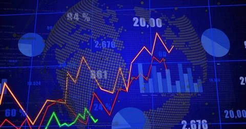 Displaying dashboard on dark blue grid interface, with line graphs, bar chart Stock Illustration
