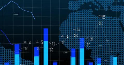Displaying dashboard on dark interface showing world map, with blue bar charts 스톡 사진