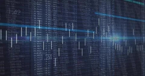 Displaying dashboard on dark screen with alphanumeric text, showing cyan trend Stock Illustration