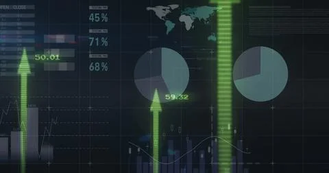 Displaying dashboard on dark screen, with pie charts, bar and line graphs and Stock Illustration