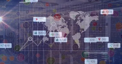 Displaying dashboard in data center, world map grid, line graph, social icons Stock Photos