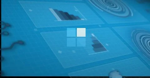 Displaying dashboard featuring translucent panels, four-pane logo on grid with Stock Photos