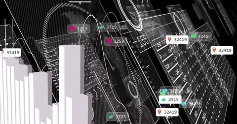 Displaying dashboard featuring white 3D bar chart at left with floating metric Stock Illustration