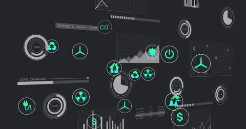 Displaying dashboard floating in virtual interface space, with rings charts and Stock Illustration