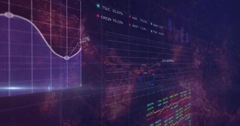Displaying dashboard floating on virtual trading screen, with 3D line graphs and Stock Photos
