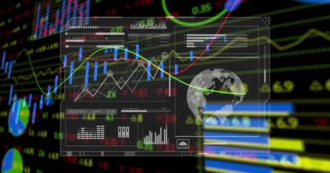 Displaying dashboard hovering in digital hub, with candlestick chart line graph Illustrazione stock