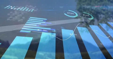 Displaying dashboard hovering over mountains, featuring bar charts, line graph, 스톡 일러스트