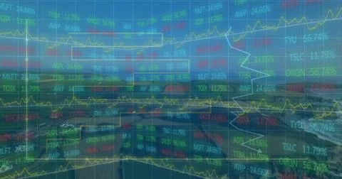 Displaying dashboard interface with colored tickers, % values and yellow line Stock Photos