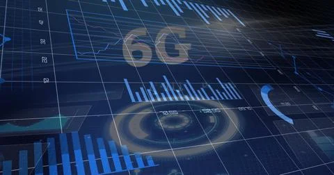 Displaying dashboard interface on dark blue grid showing 6G text, HUD gauge, bar Stock Photos