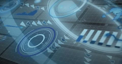 Displaying dashboard interface, with HUD gauges, arrow clusters, data charts and 写真素材