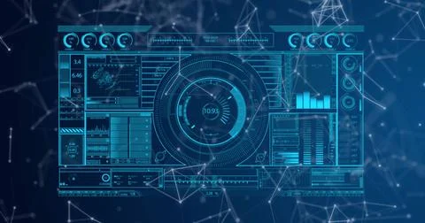 Displaying dashboard interface on virtual screen, with circular gauge and data Stock Photos