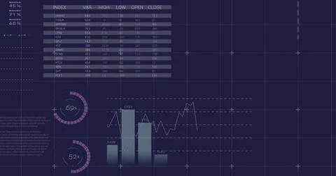 Displaying dashboard on left side showing index table, 69% or 52% rings, teal Stock-Illustration