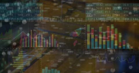 Displaying dashboard mapping data on office desk, with bar and multi-line Stock Photos