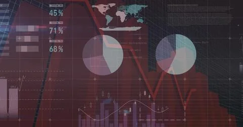 Displaying dashboard on maroon interface, showing descending red area chart and 스톡 일러스트