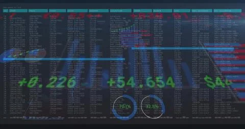 Displaying dashboard with monospaced tables and map markers in data center, Illustrazione stock