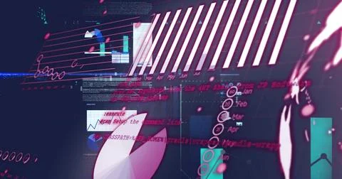 Displaying dashboard with neon-pink code overlays pie chart and node diagrams in Stock Photos