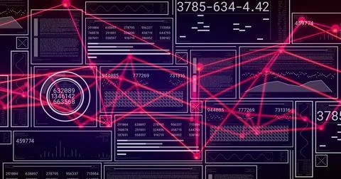 Displaying dashboard with numeric readouts, charts and glowing pink nodes in Stock Photos