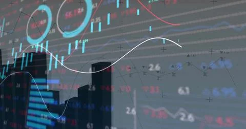 Displaying dashboard onscreen, with bar charts, candlesticks, trend lines, 库存照片
