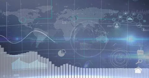 Displaying dashboard onscreen with code overlay, dotted world map, charts, ho Stock Illustration