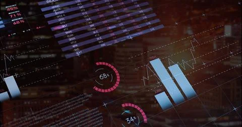 Displaying dashboard over office window at dusk, with table of indices, bar Stock Photos